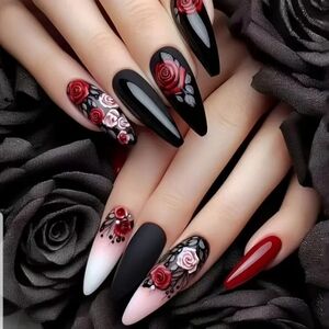 🎁24pc Valentine'S Day Long Almond-Shaped Press-On Nails, Glossy Black & Red